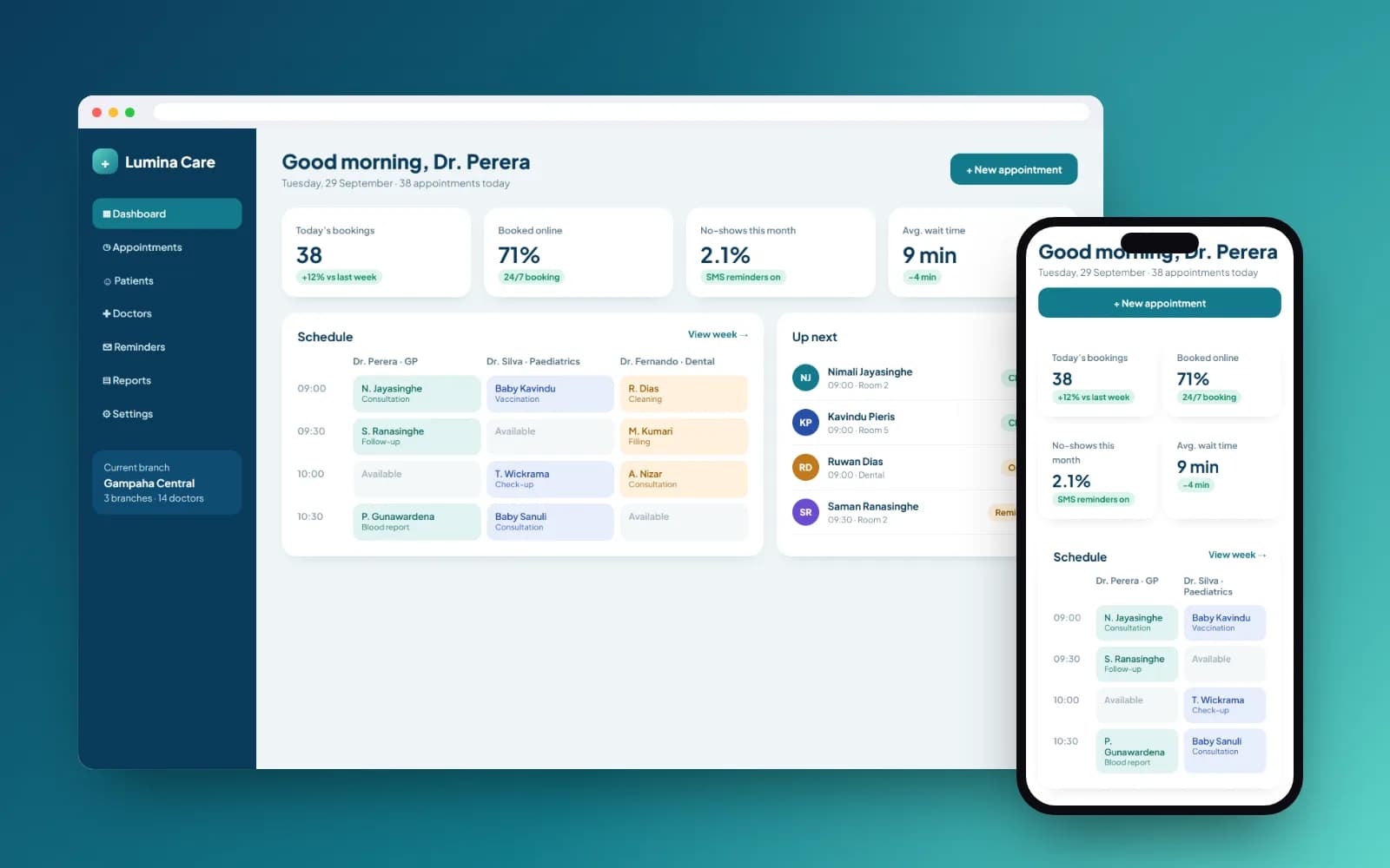 Lumina Care clinic dashboard web app concept on desktop and mobile