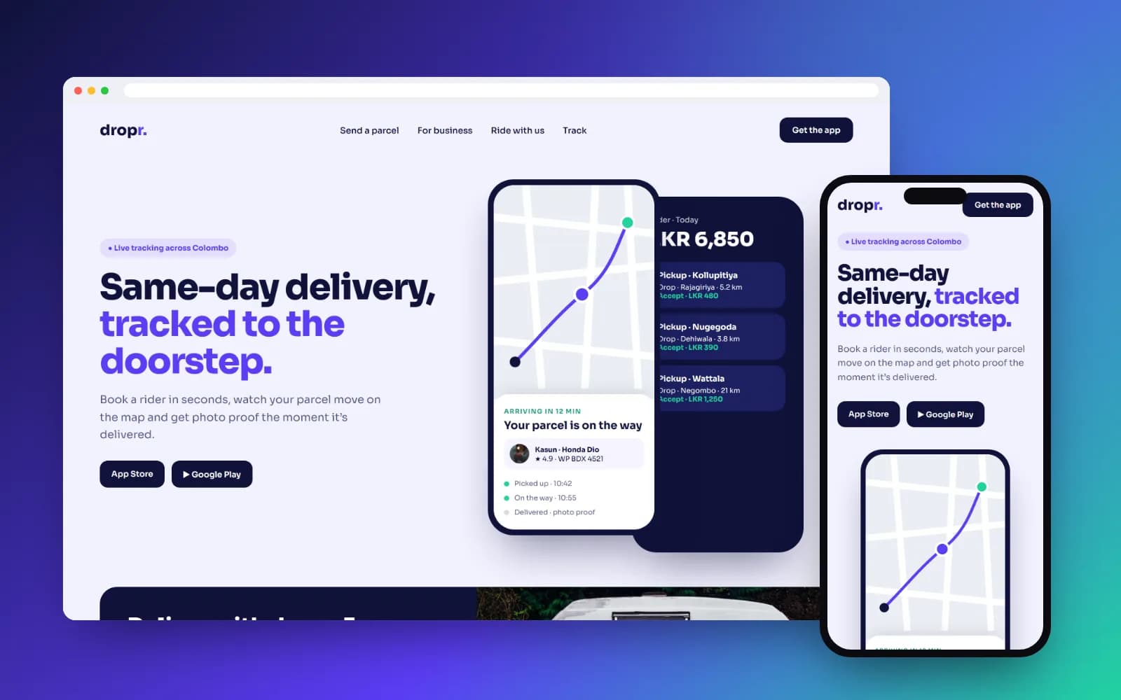 dropr delivery app concept with live tracking map on phone screens