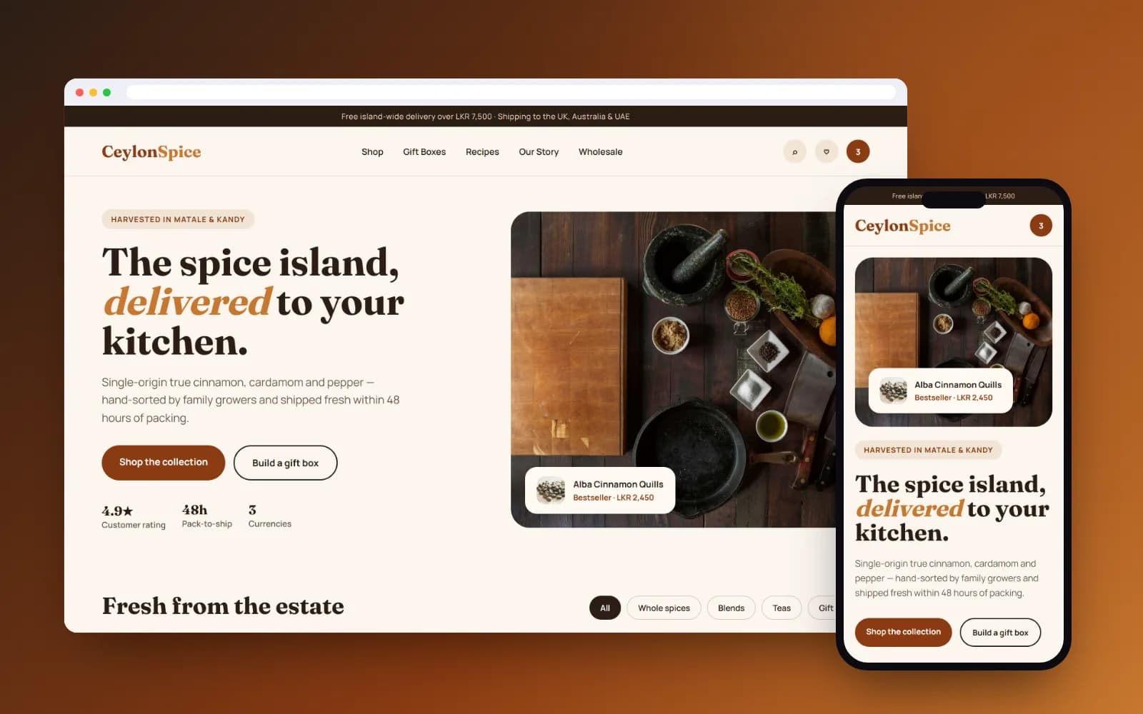 CeylonSpice e-commerce website concept shown on a laptop browser and a phone